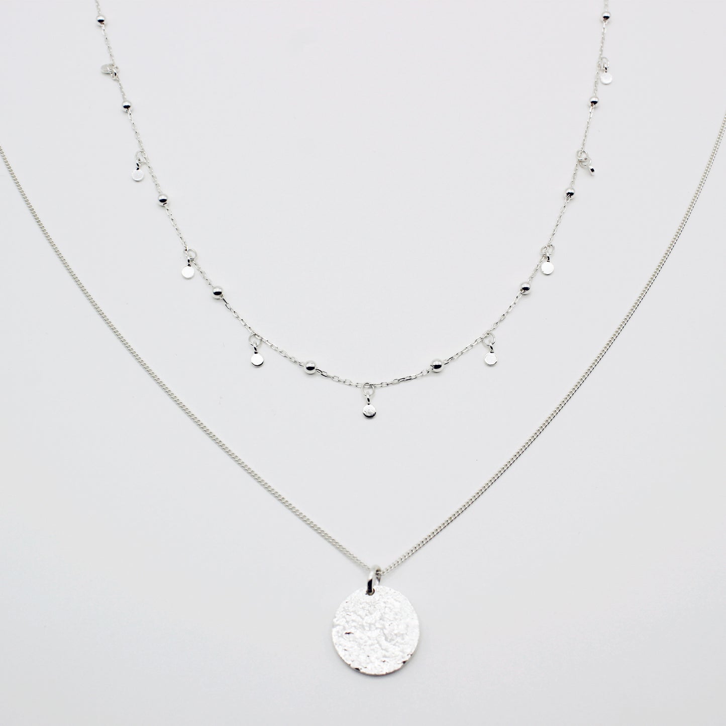 Sterling Silver Tiny Disc Charm Tassel Necklace Set with Textured Charm