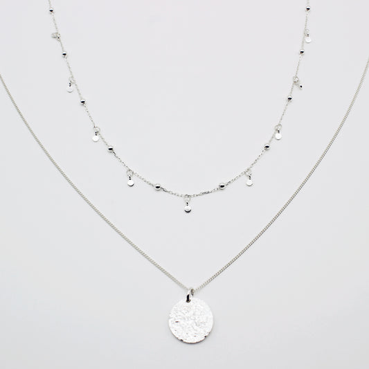 Sterling Silver Tiny Disc Charm Tassel Necklace Set with Textured Charm