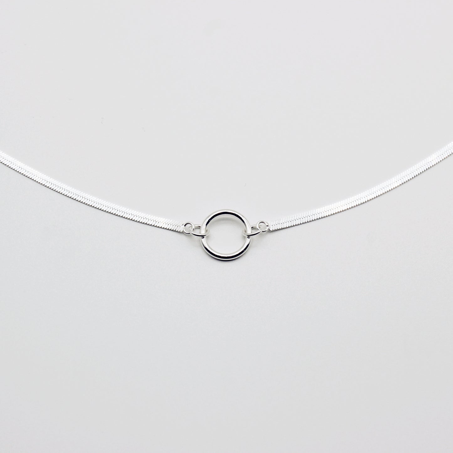 Sterling Silver Herringbone Chain Circle Pendant Choker Necklace