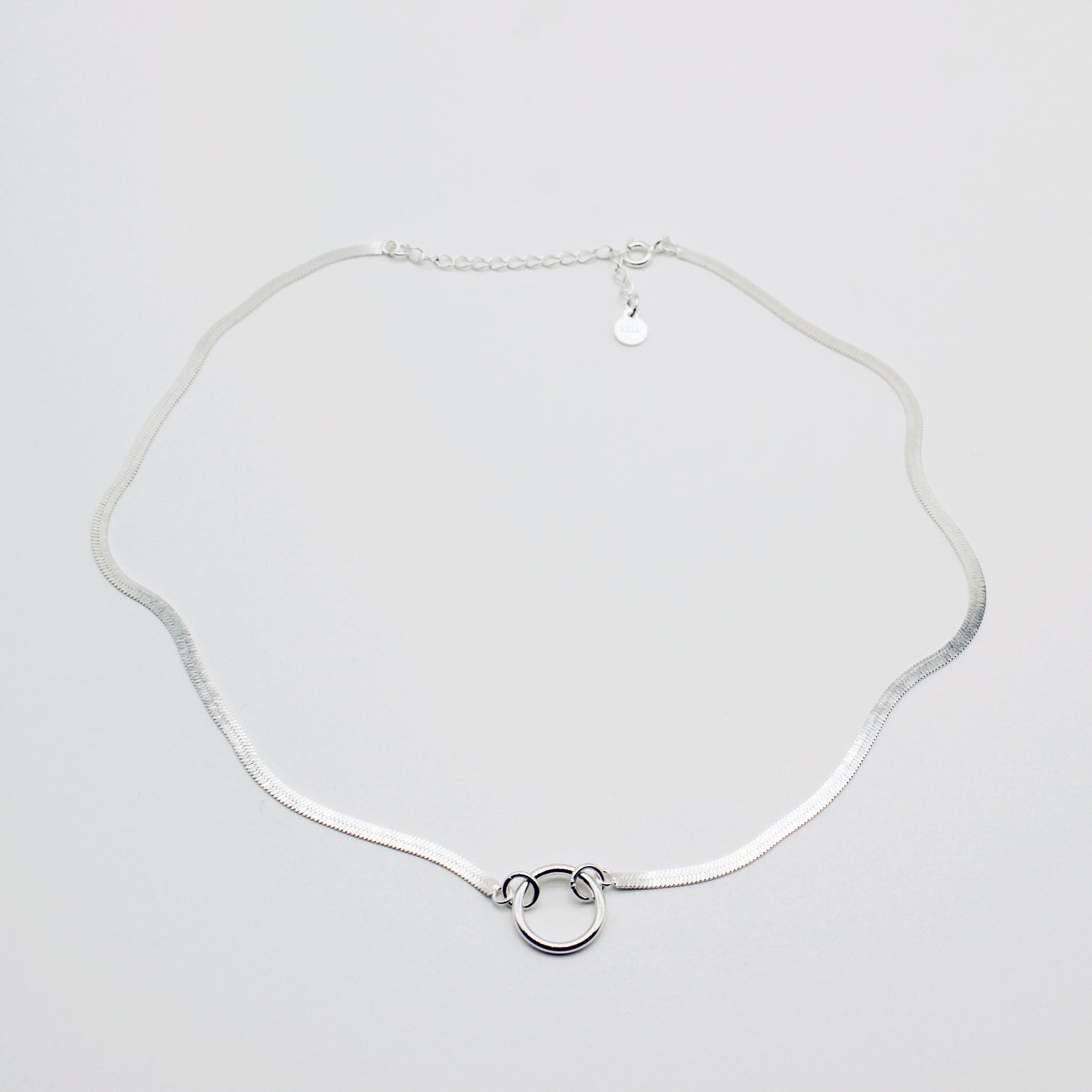 Sterling Silver Herringbone Chain Circle Pendant Choker Necklace
