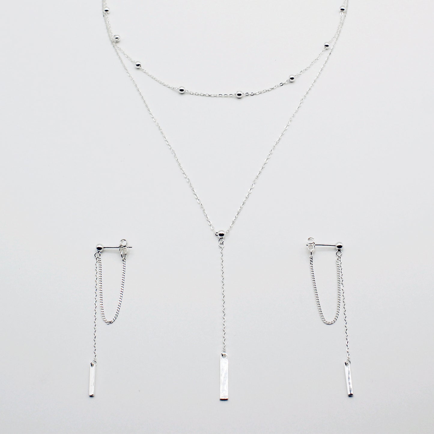 Sterling Silver Drape Chain Earring & Stacking Lariat Necklace Set