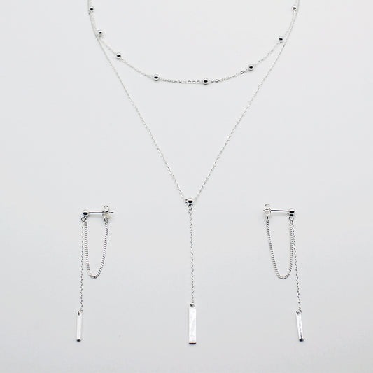 Sterling Silver Drape Chain Earring &  Stacking Lariat Necklace Set