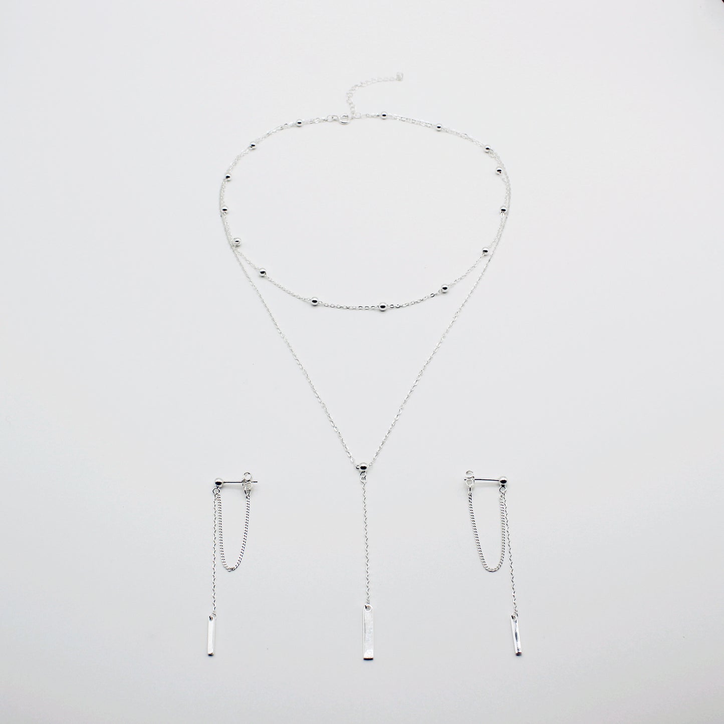 Sterling Silver Drape Chain Earring & Stacking Lariat Necklace Set