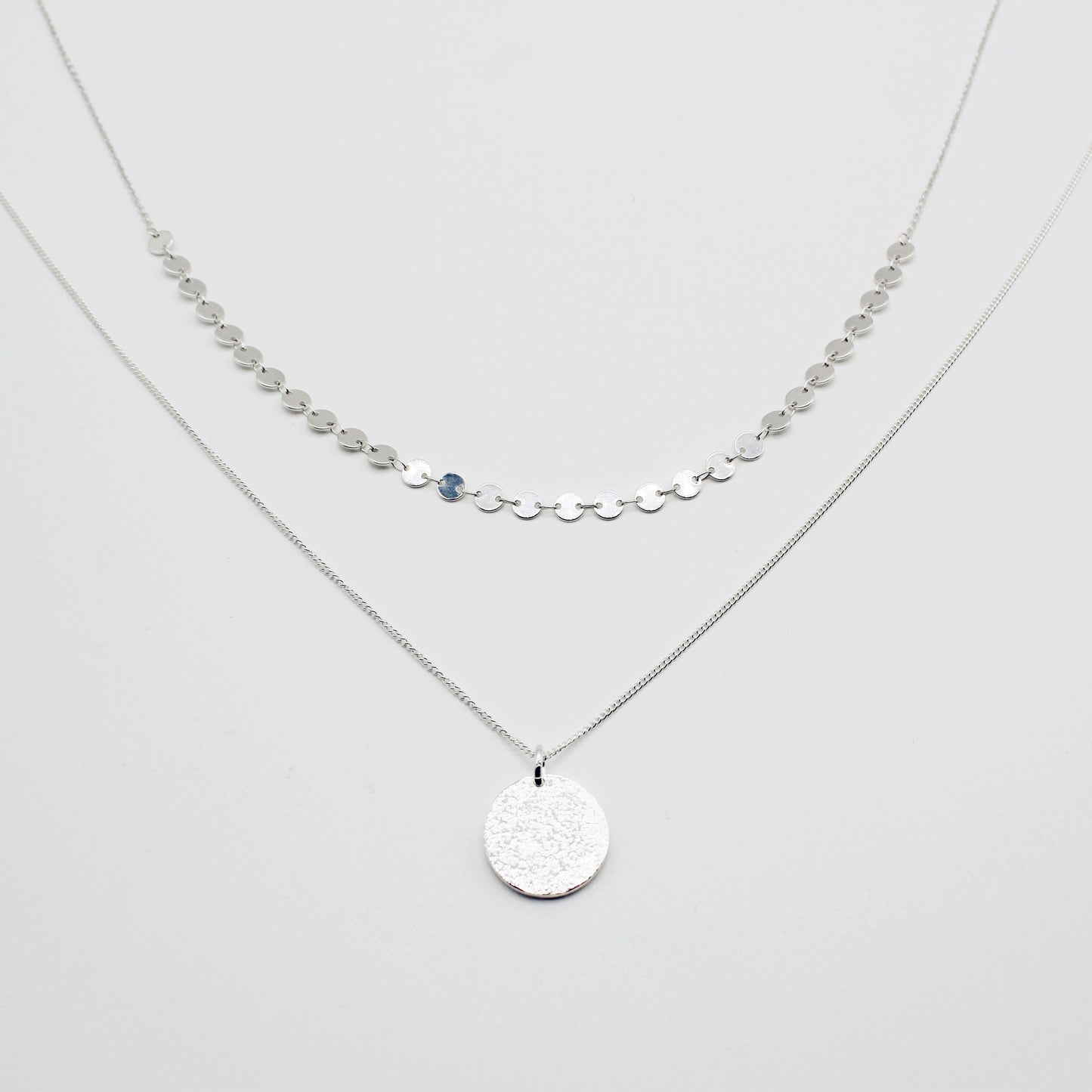Sterling Silver linked Disc Chain & Textured Disc Chain Stacking Necklace Set