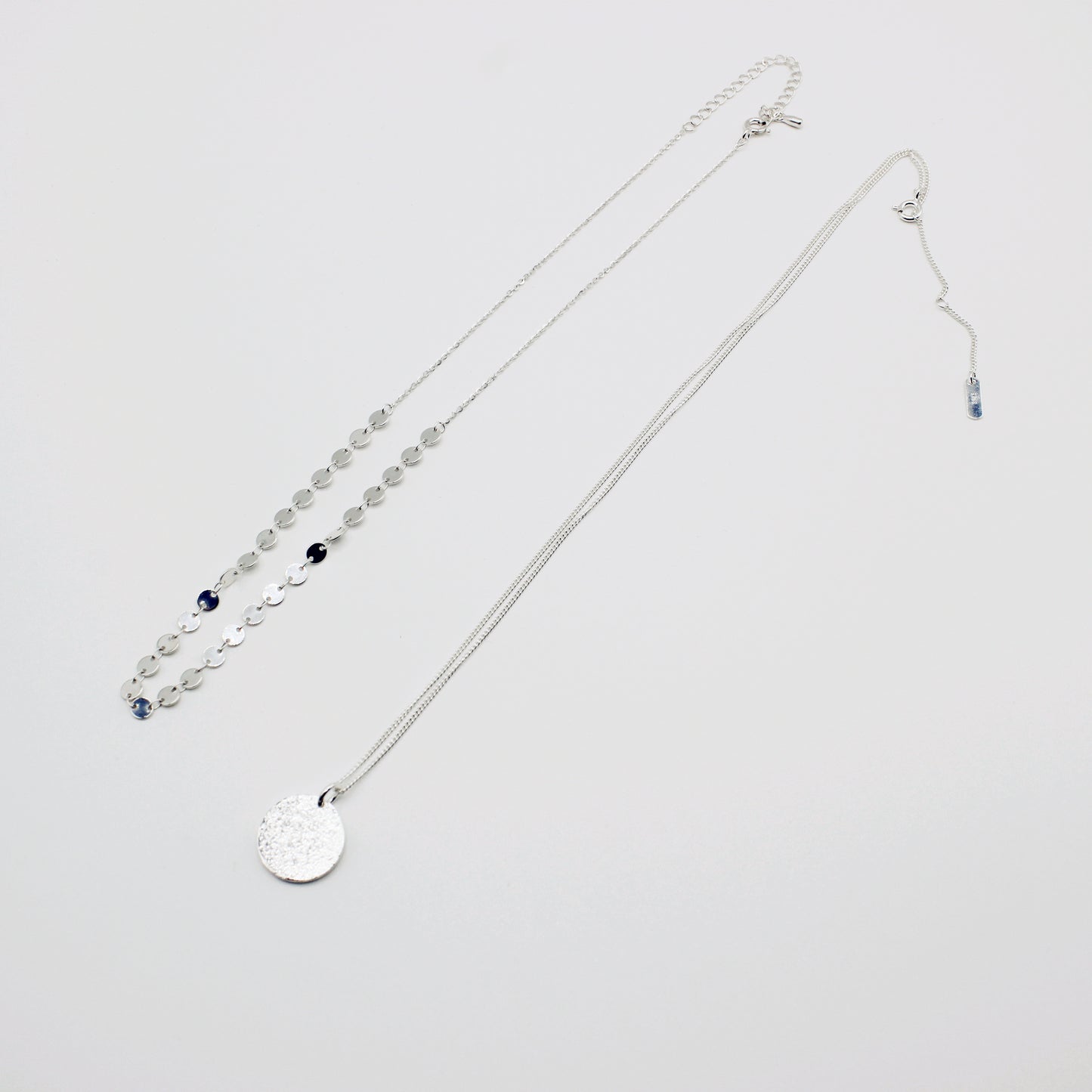 Sterling Silver linked Disc Chain & Textured Disc Chain Stacking Necklace Set