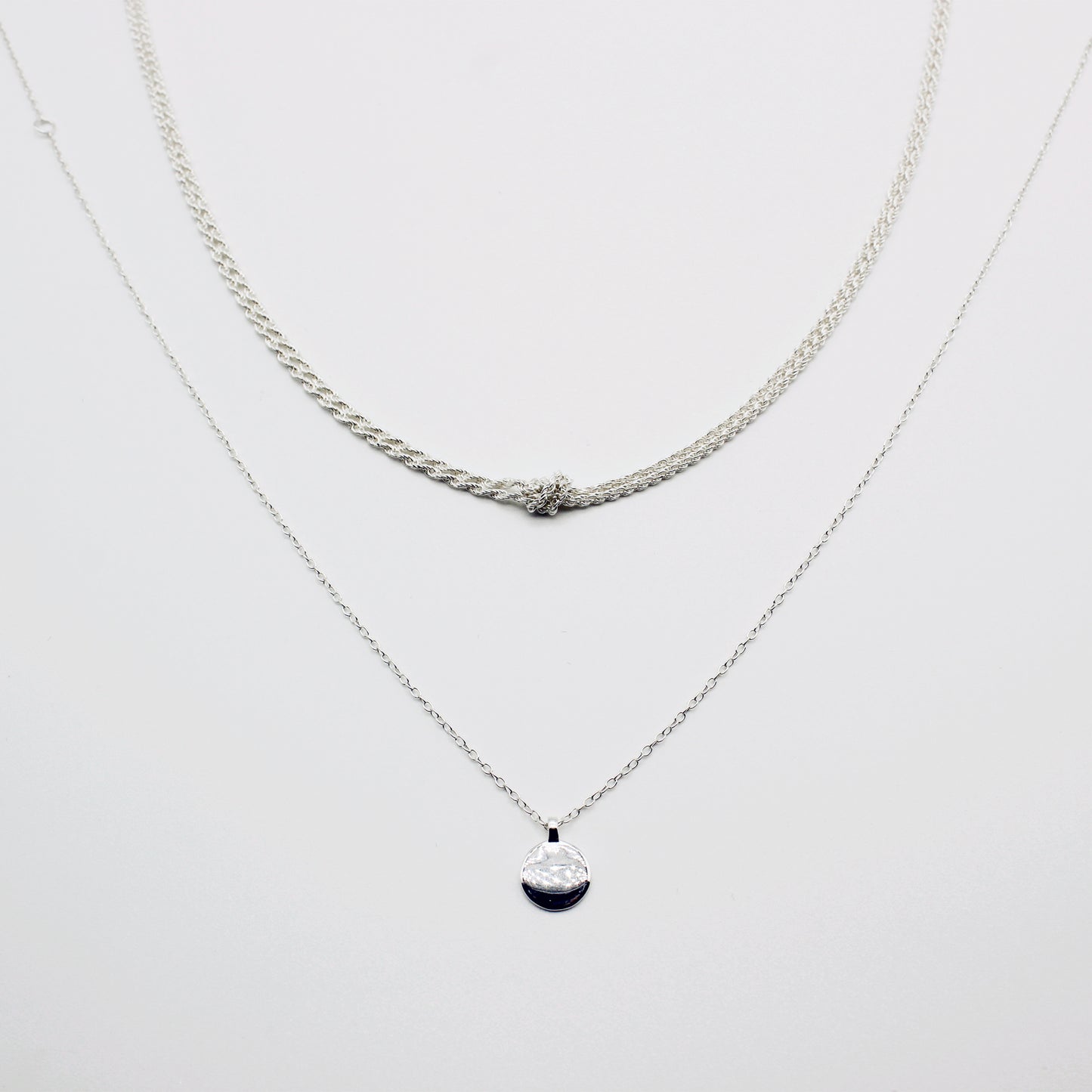 Sterling Silver Knotted Double Rope Chain Necklace & Tiny Disc Stacking Necklace Set