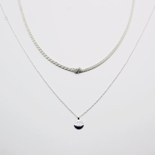 Sterling Silver Knotted Double Rope Chain Necklace & Tiny Disc Stacking Necklace Set