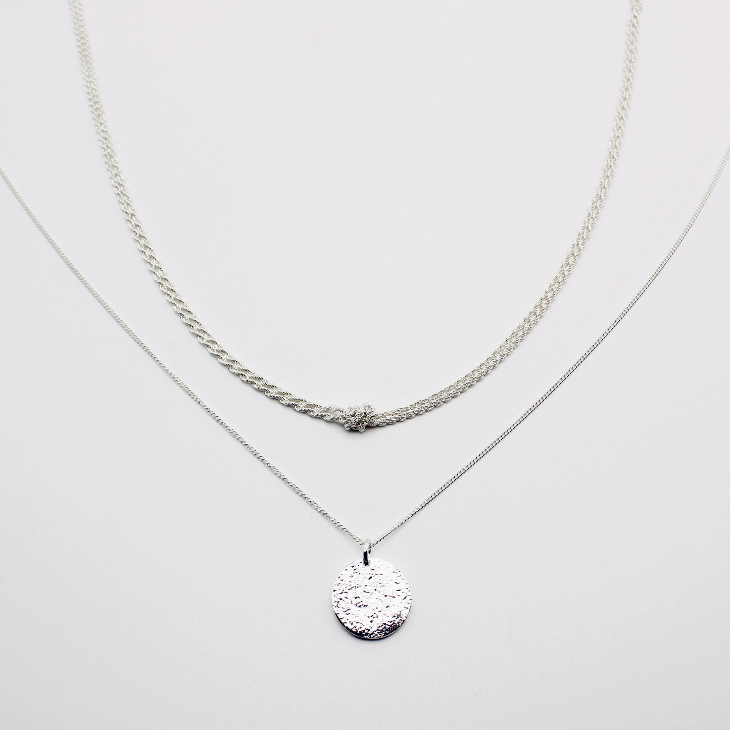 Sterling Silver Knotted Double Rope Chain Necklace & Disc Stacking Necklace Set