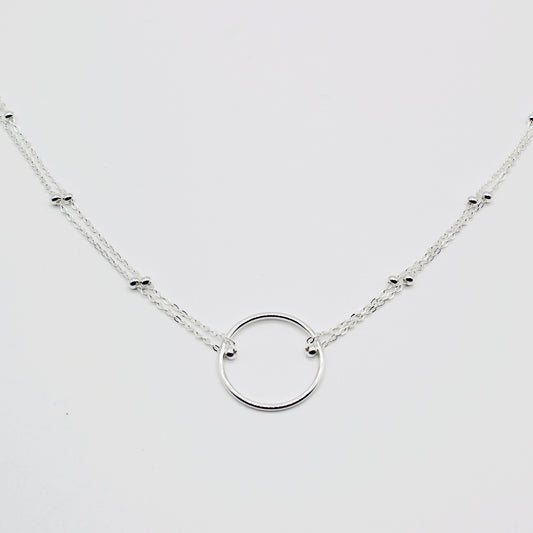 Sterling Silver Folded Double Chain Choker Necklace with Circle Pendant