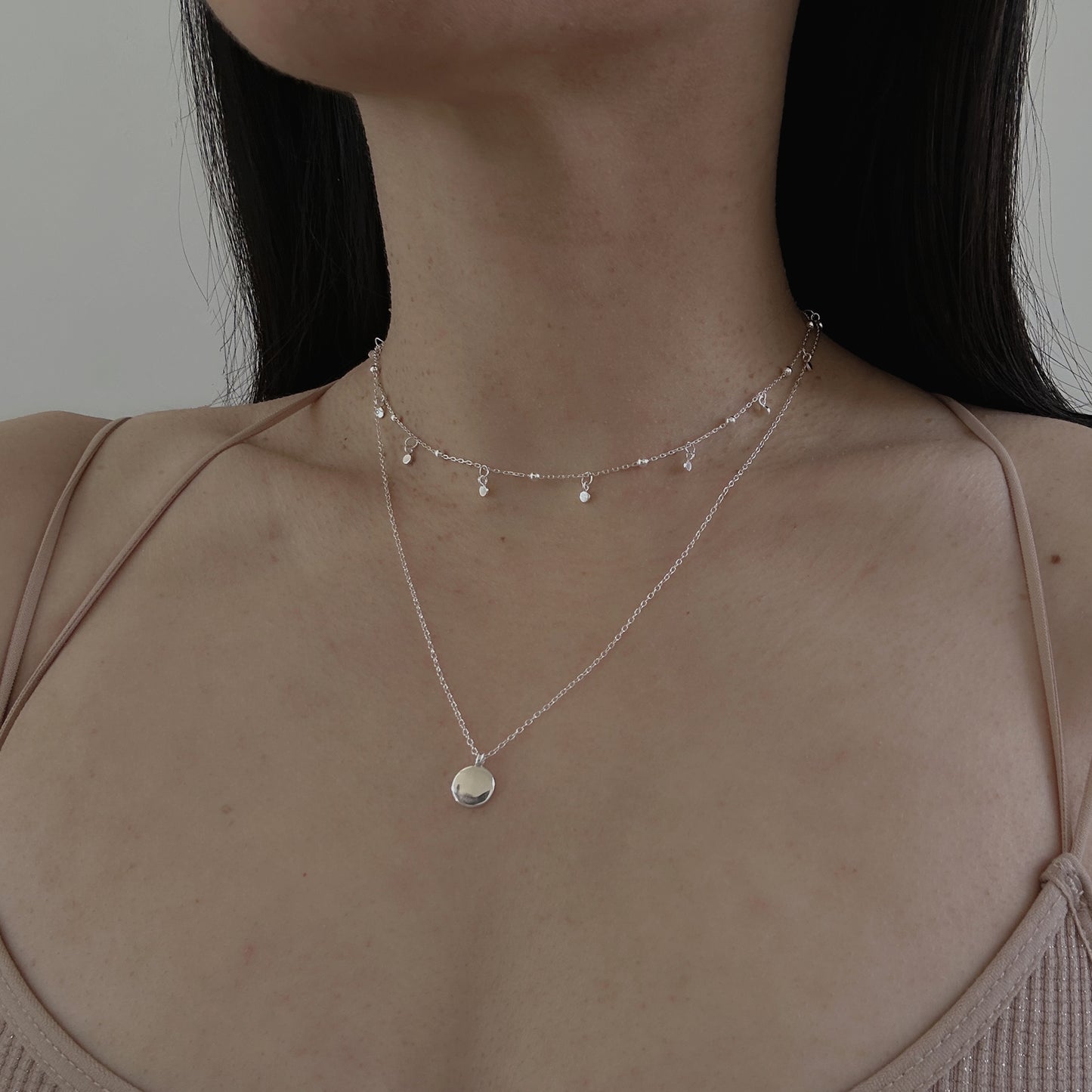 Sterling Silver Double Tiny Disc Necklace Set
