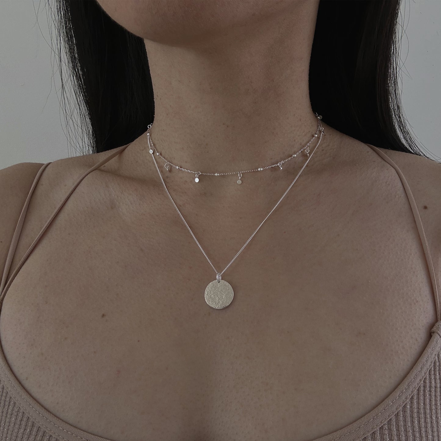 Sterling Silver Tiny Disc Charm Tassel Necklace Set with Textured Charm