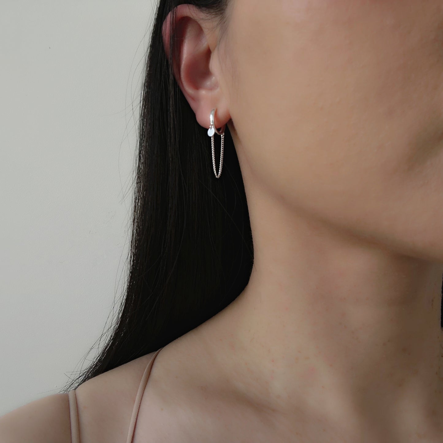 Sterling Silver Drape Chain Huggie Earrings with Disc