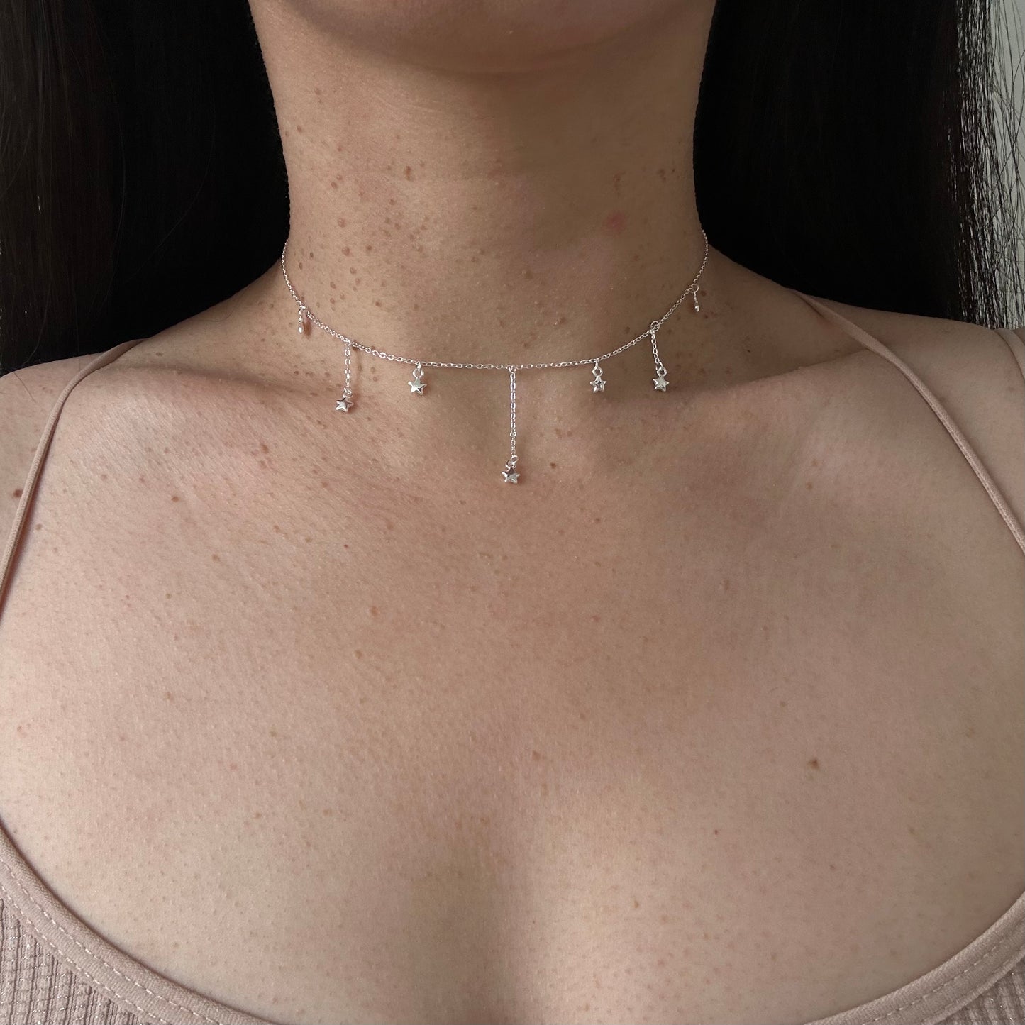 Sterling Silver Drop Stars Choker Necklace