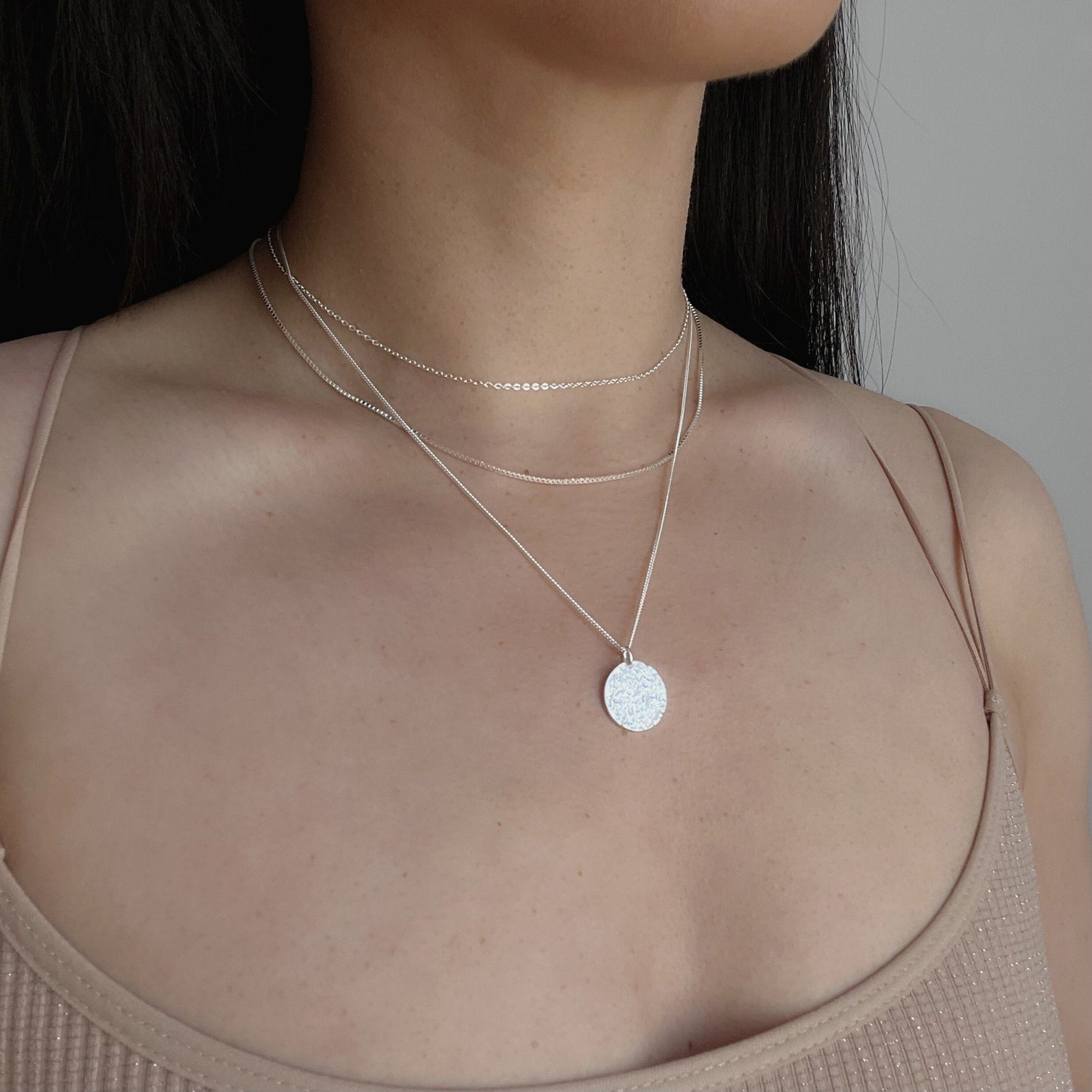 Sterling Silver Multiple Layered Necklace Set with Disc Charm