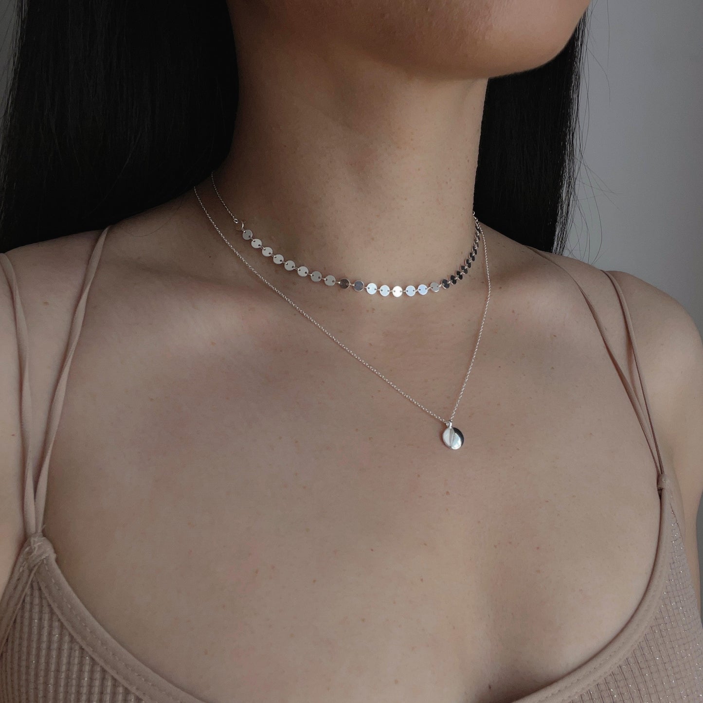 Sterling Silver Double Disc Chain Stacking Necklace Set