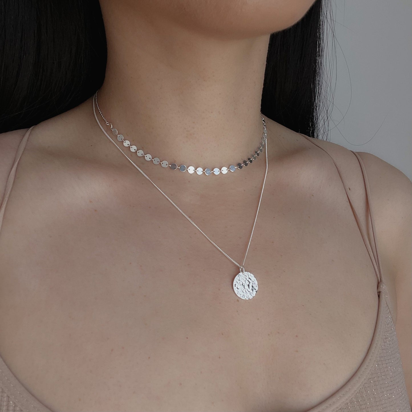 Sterling Silver linked Disc Chain & Textured Disc Chain Stacking Necklace Set