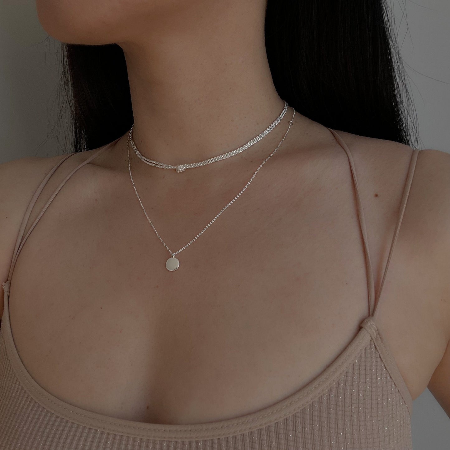 Sterling Silver Knotted Double Rope Chain Necklace & Tiny Disc Stacking Necklace Set