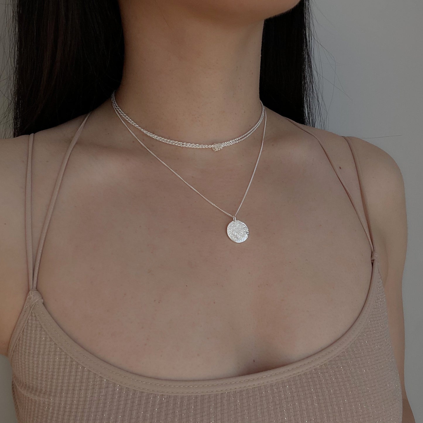 Sterling Silver Knotted Double Rope Chain Necklace & Disc Stacking Necklace Set