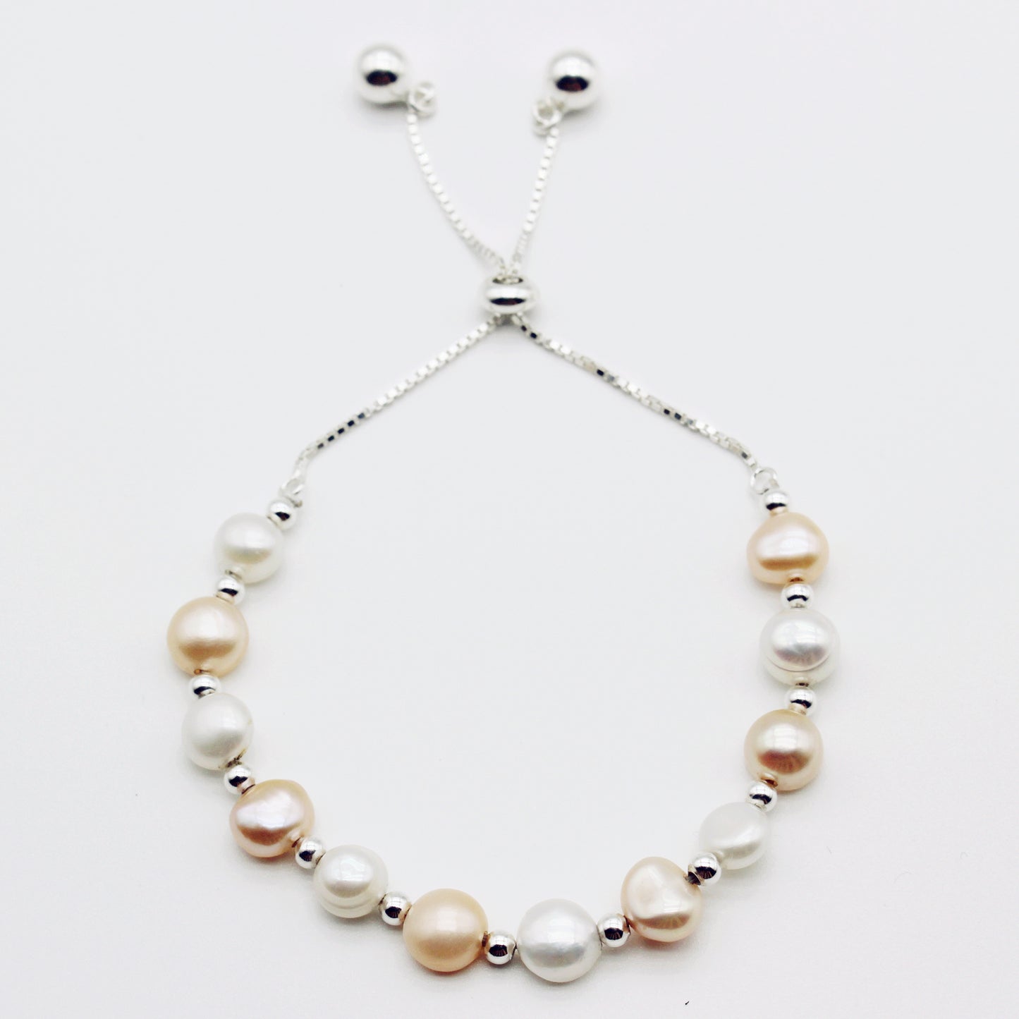 White & Peachy Pink Freshwater Pearl 925 Silver Slider Bracelet