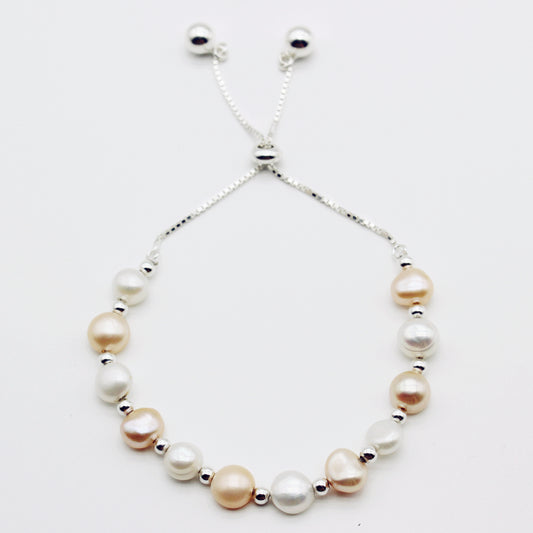 White & Peachy Pink Freshwater Pearl 925 Silver Slider Bracelet