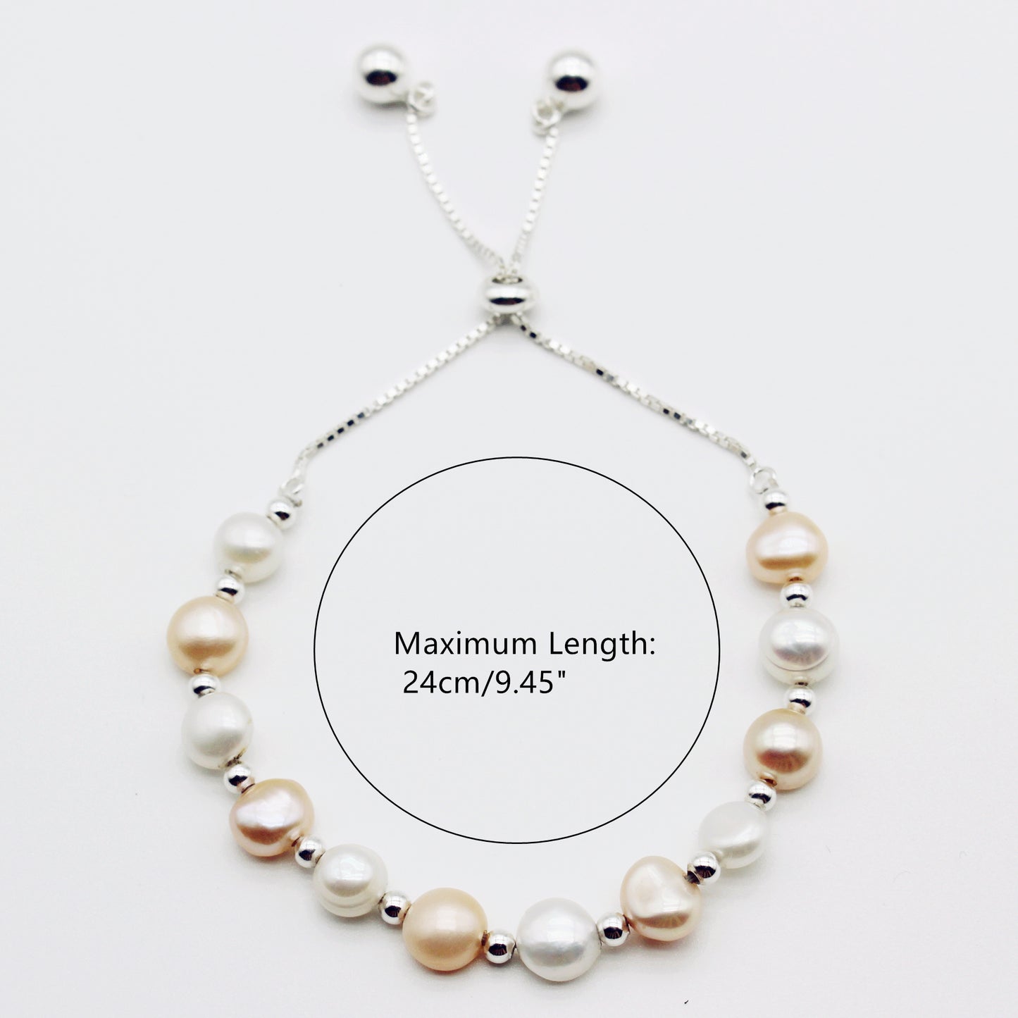 White & Peachy Pink Freshwater Pearl 925 Silver Slider Bracelet