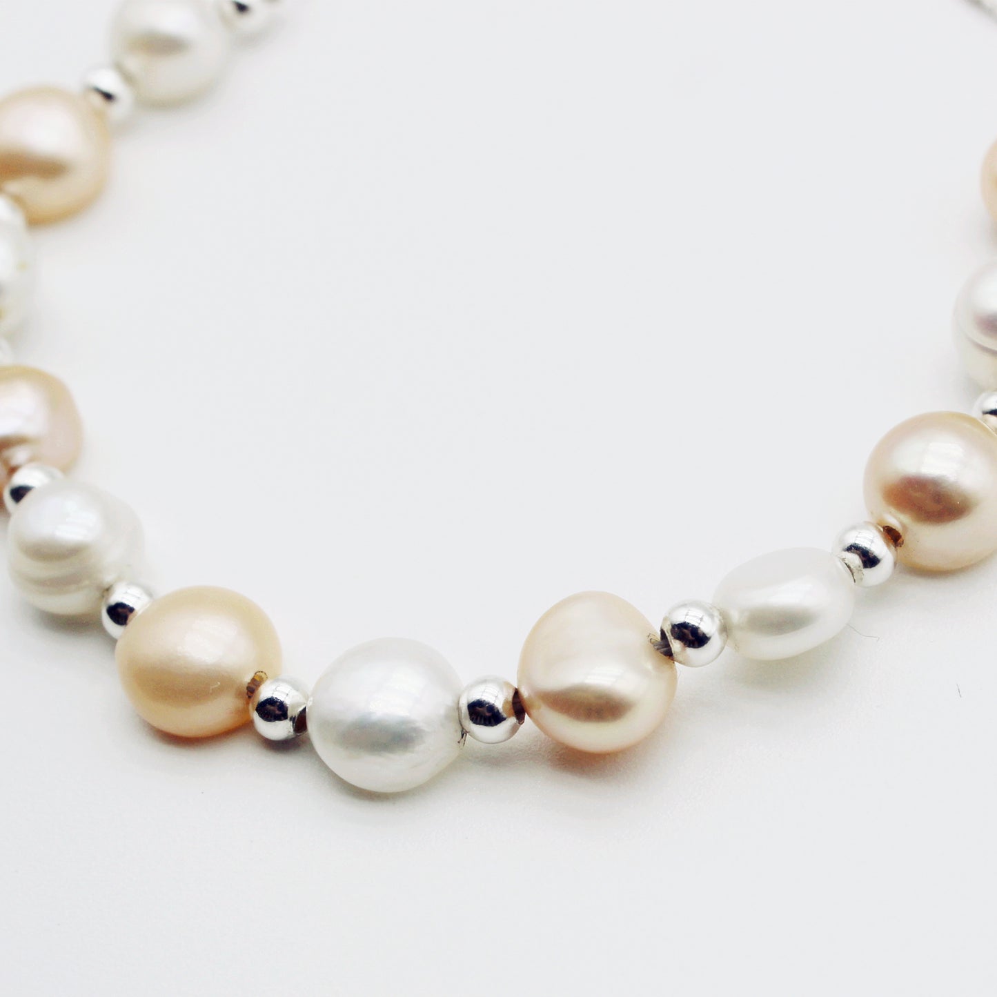 White & Peachy Pink Freshwater Pearl 925 Silver Slider Bracelet