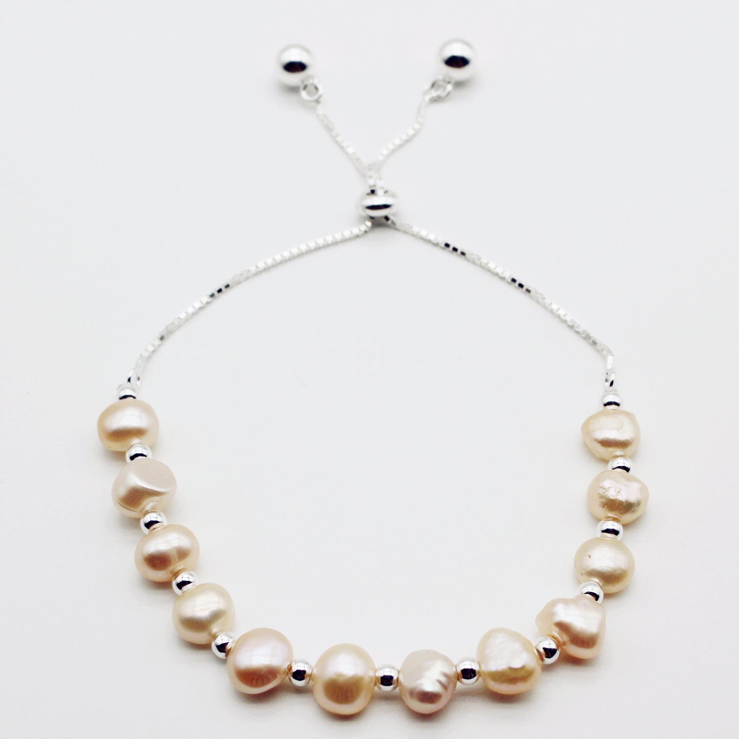 Peachy Pink Freshwater Pearl 925 Silver Slider Bracelet