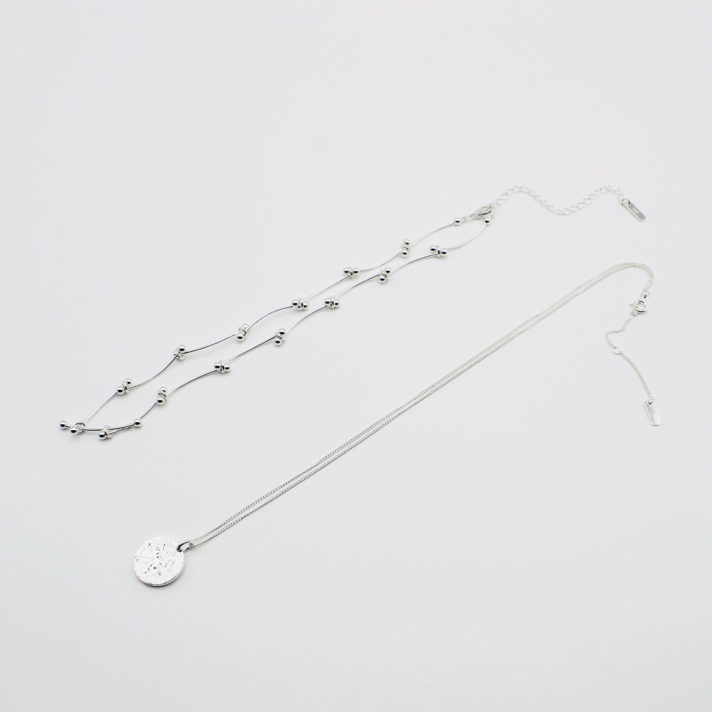 Sterling Silver Curved Bar & Organic Finish Disc Choker Necklace Set