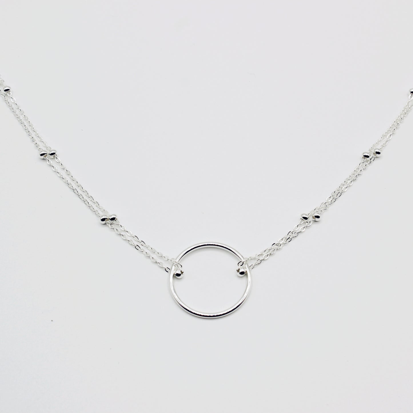 Sterling Silver Folded Double Chain Choker Necklace with Circle Pendant