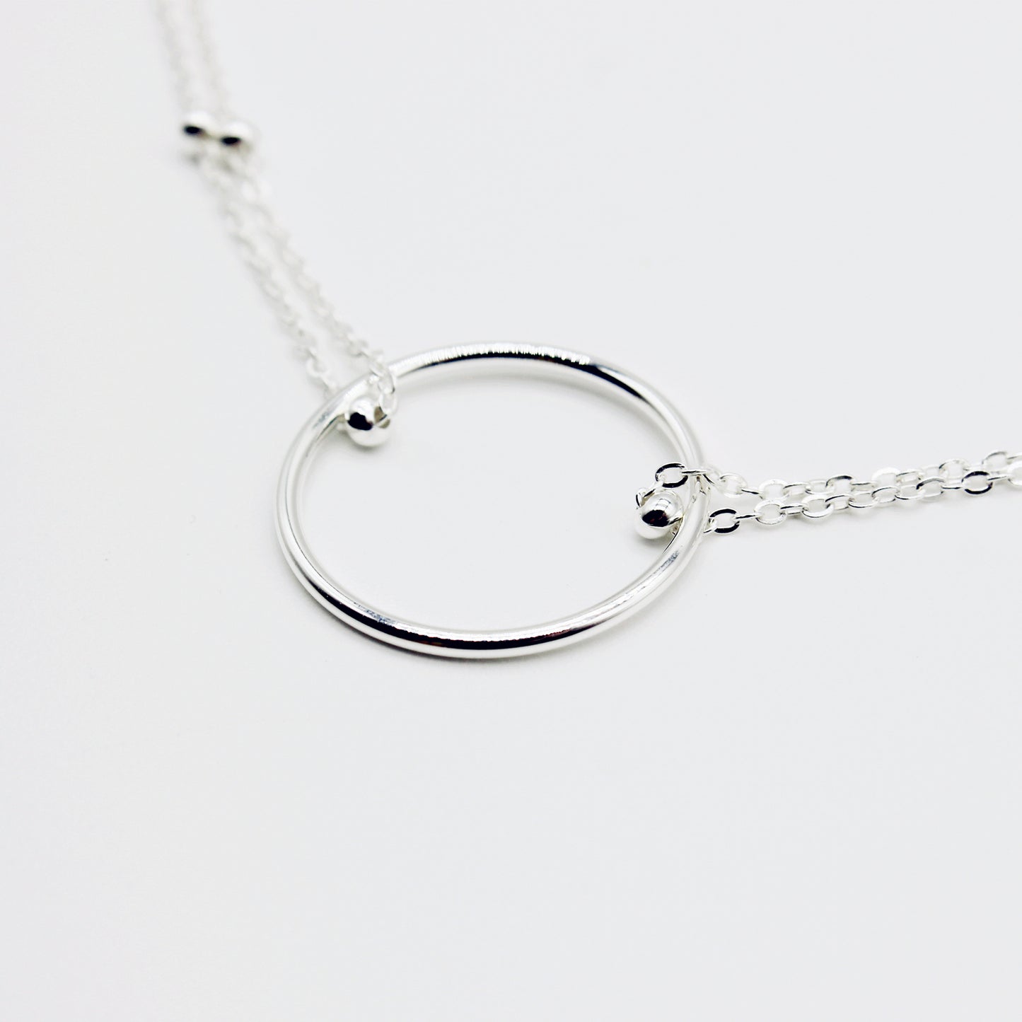 Sterling Silver Folded Double Chain Choker Necklace with Circle Pendant