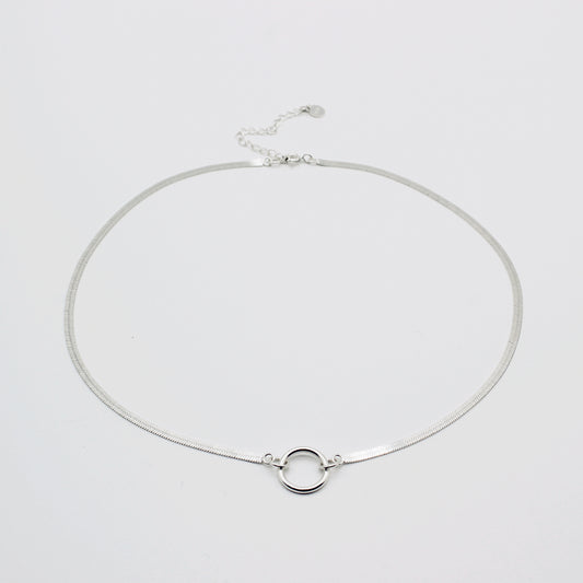 Sterling Silver Herringbone Chain Circle Pendant Choker Necklace