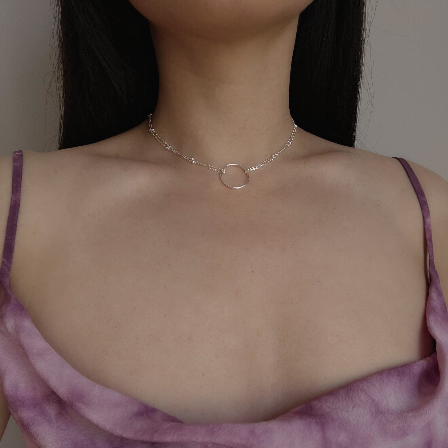 Sterling Silver Folded Double Chain Choker Necklace with Circle Pendant